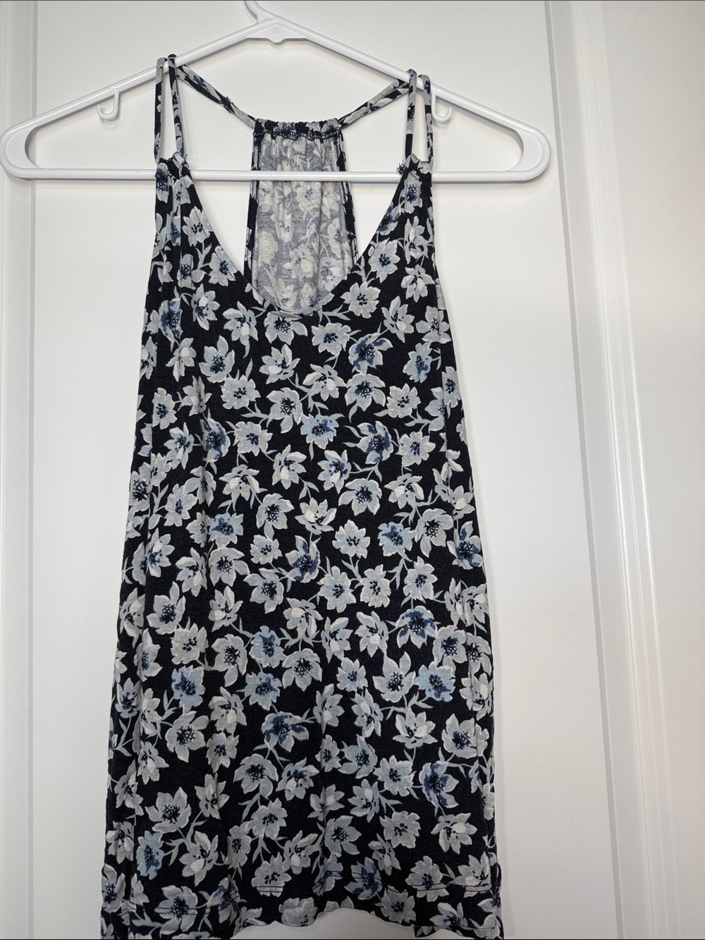 LOFT Black Floral Racerback Tank with White and Light Blue Flowers